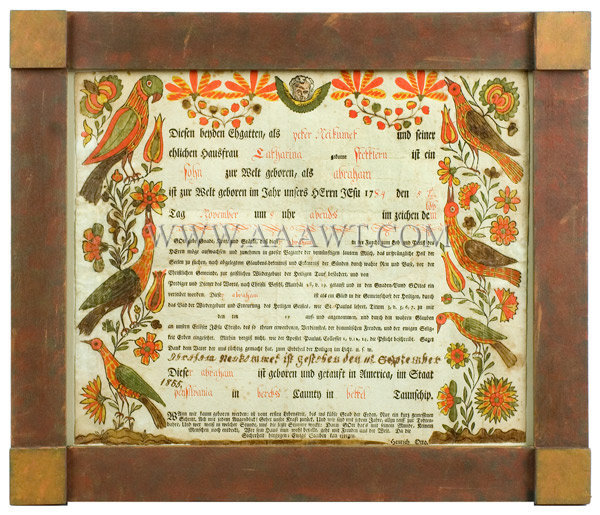 Birth and Baptismal Print, Hand Colored
Printed Ephrata, Pennsylvania by Cloister Print Shop for Heinrich Otto
Last Edition for Heinrich Otto, 1790 to 1792, entire view